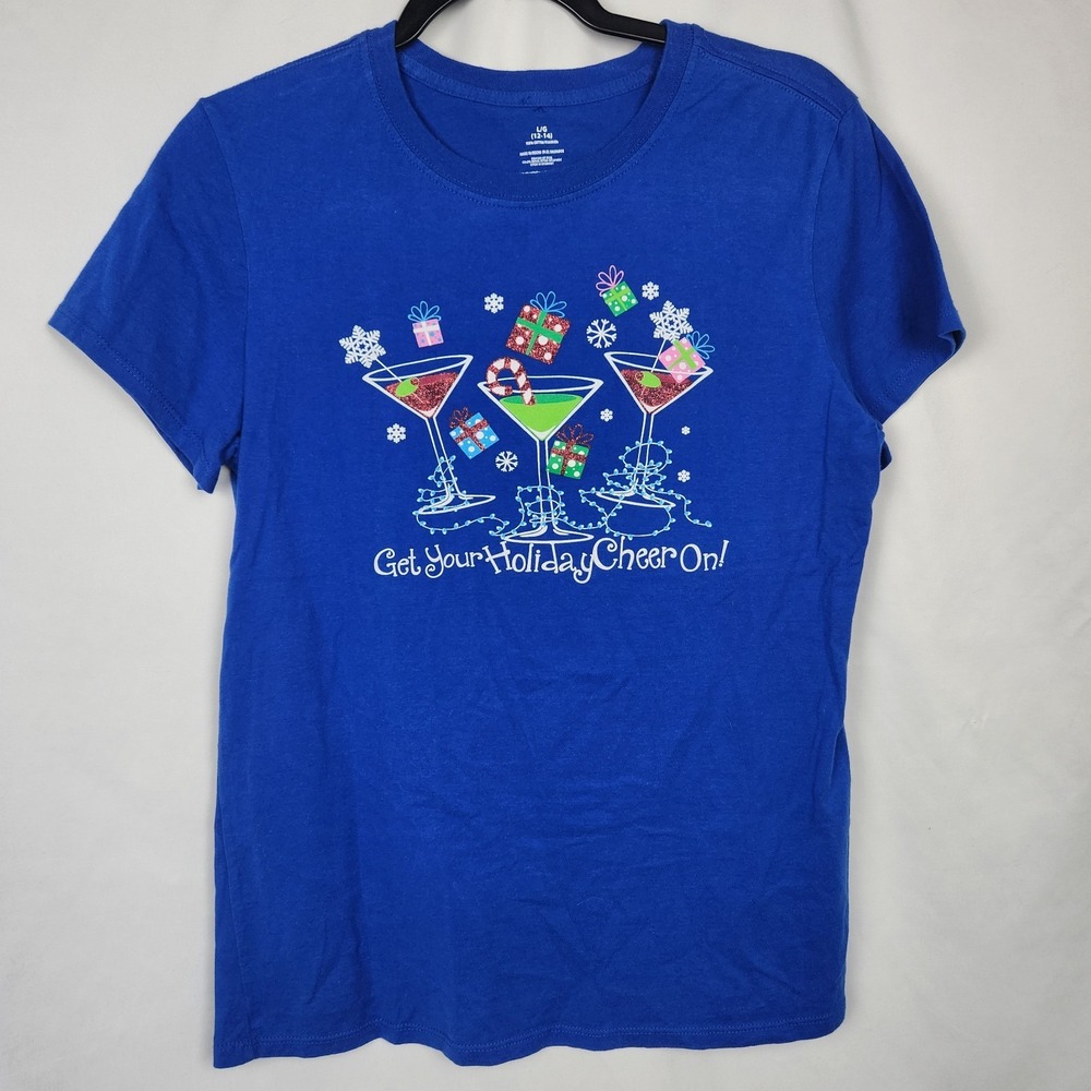 Women's Short Sleeve Blue T-Shirt  "Get Your Holiday Cheer On" L 12/14 Christmas